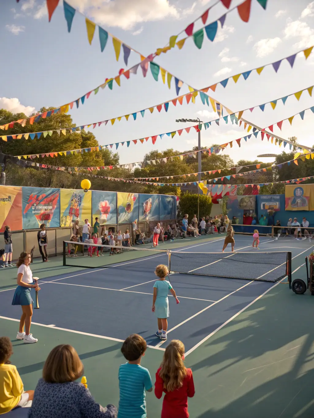 A dynamic image of a community tennis tournament at TENNIS CLUB UZERCHOIS, capturing the excitement and camaraderie among the players and spectators.