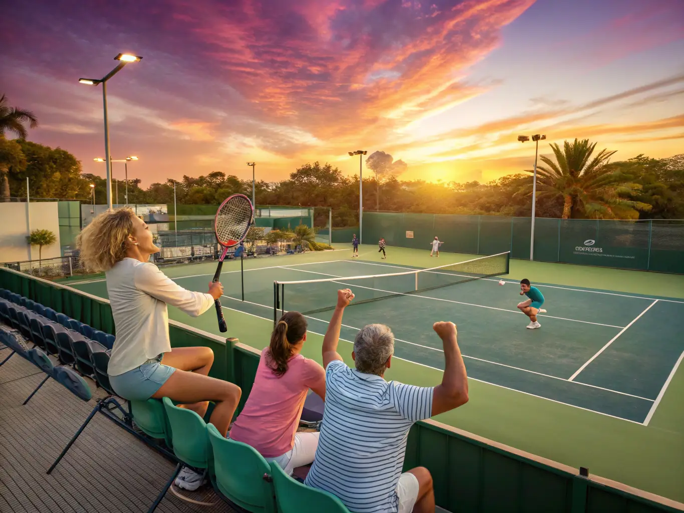 A lively scene of players competing in a local tennis tournament, with spectators cheering and event banners displayed at the Community Tournaments and Events.