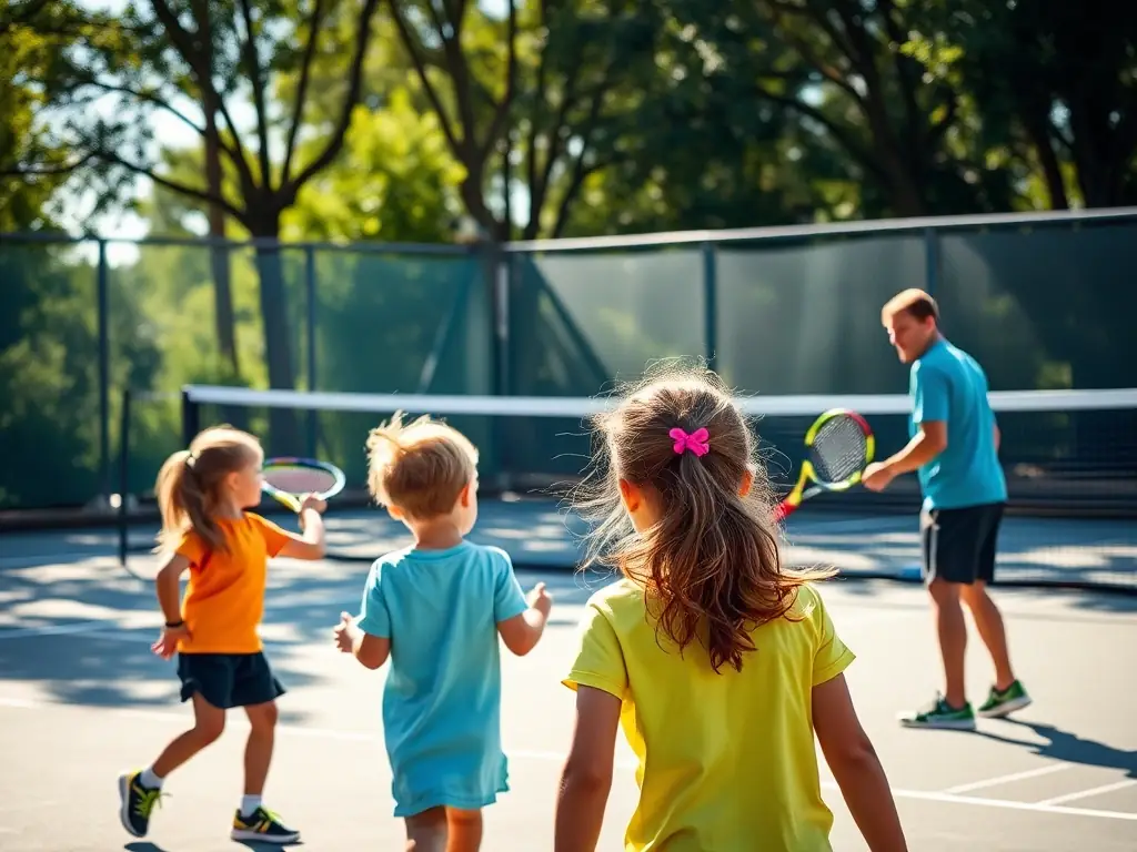 A vibrant image of young players practicing on the tennis courts, smiling and receiving coaching from an instructor, showcasing the Youth Tennis Training Program.