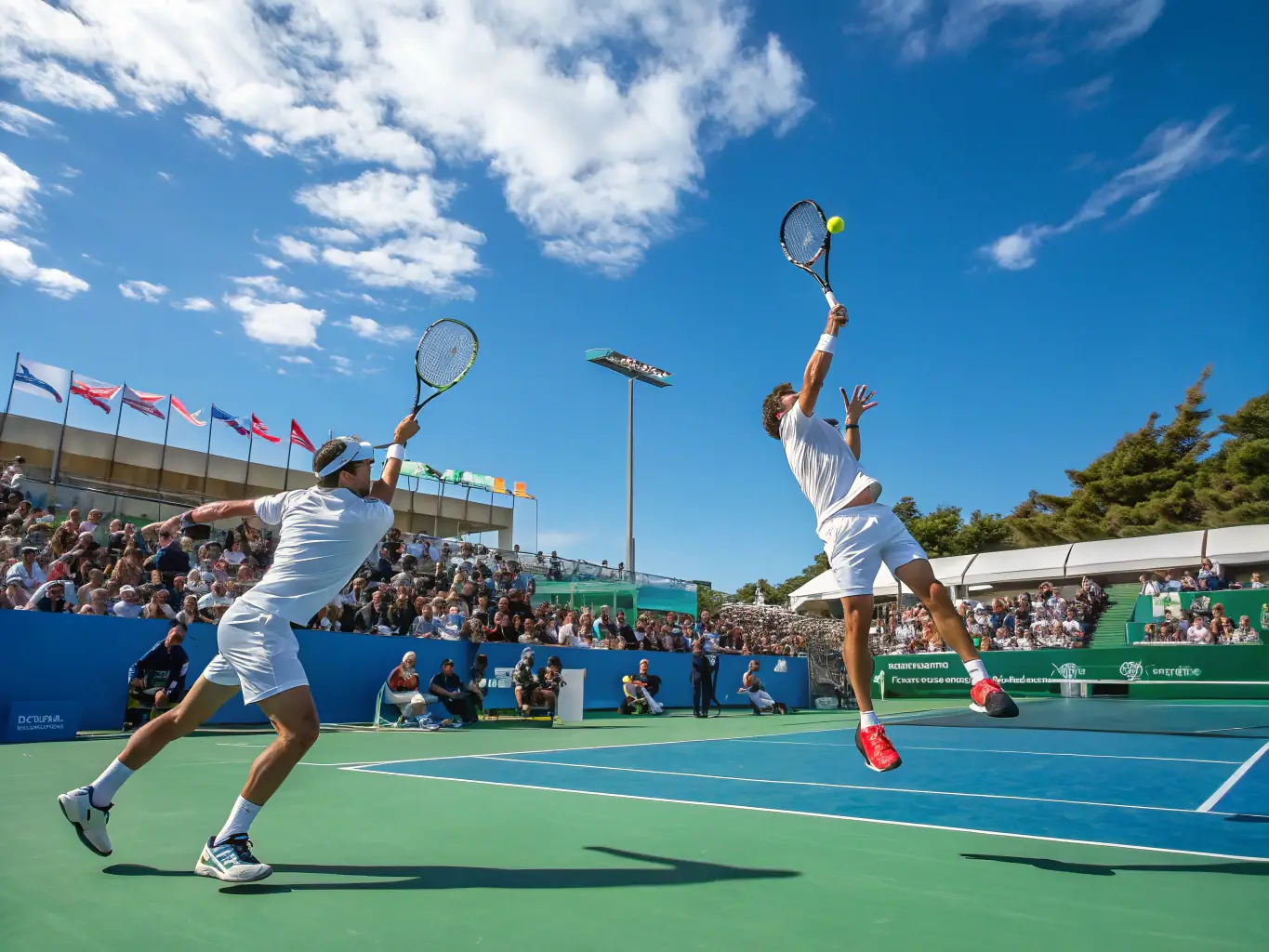 A lively scene of players competing in a local tennis tournament, with spectators cheering and event banners displayed, capturing the excitement of Community Tournaments and Events.