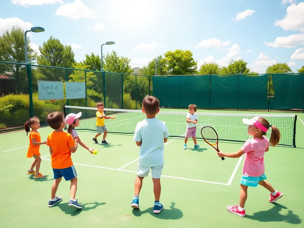 A vibrant image of young children participating in a tennis training session at TENNIS CLUB UZERCHOIS, focusing on fun and skill development.