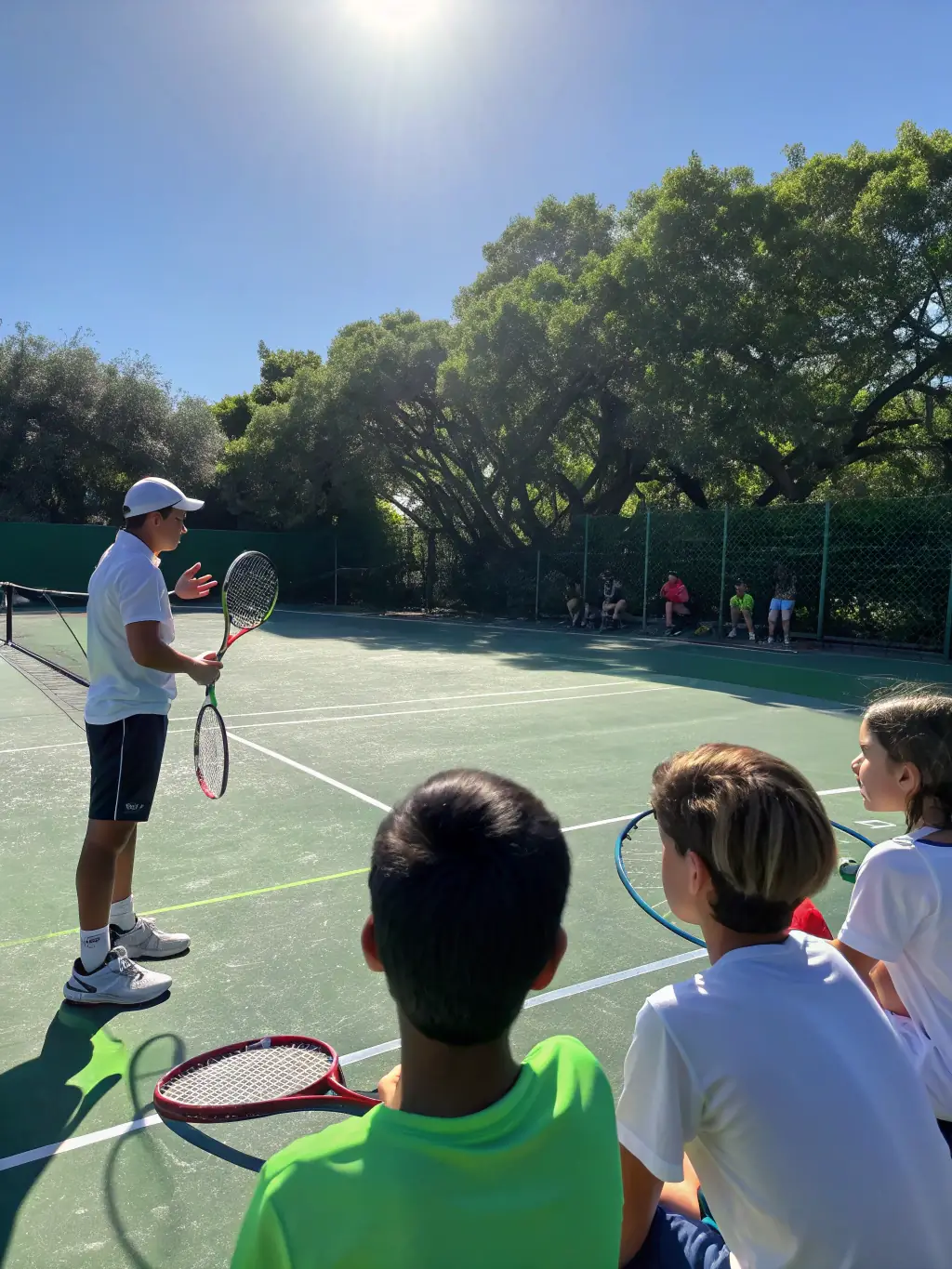 An action shot of adults participating in a tennis clinic at TENNIS CLUB UZERCHOIS, showcasing their focus and determination as they practice their strokes.