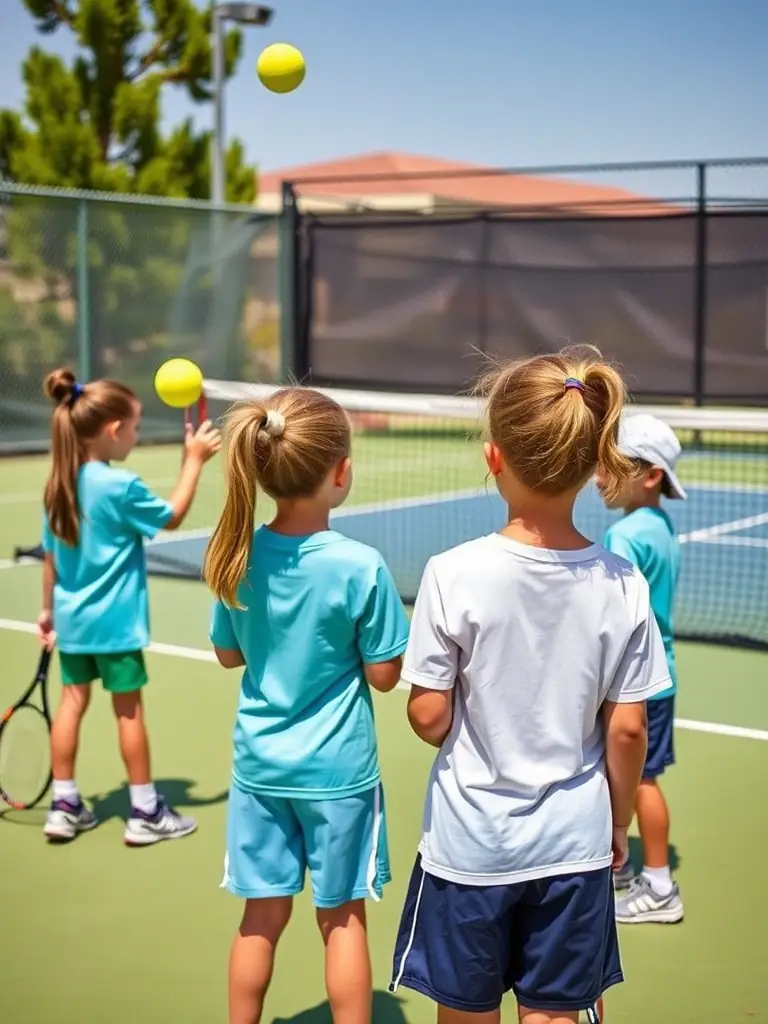 A vibrant image of young children participating in a tennis lesson at TENNIS CLUB UZERCHOIS, focusing on their enthusiastic expressions and the coach providing guidance.