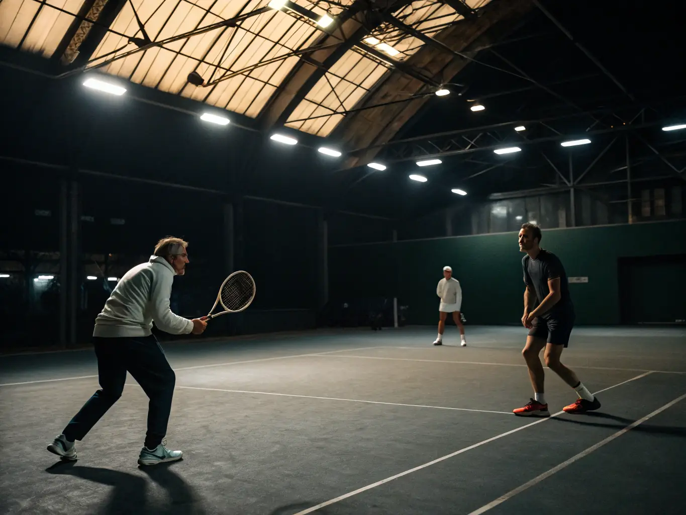 An image of adult players engaged in a coaching session, demonstrating proper technique with a coach providing guidance during Adult Tennis Clinics.