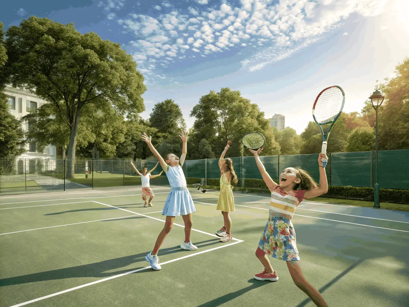 A vibrant image of young players practicing on the tennis courts, smiling and receiving coaching from an instructor, showcasing the Youth Tennis Training Program.