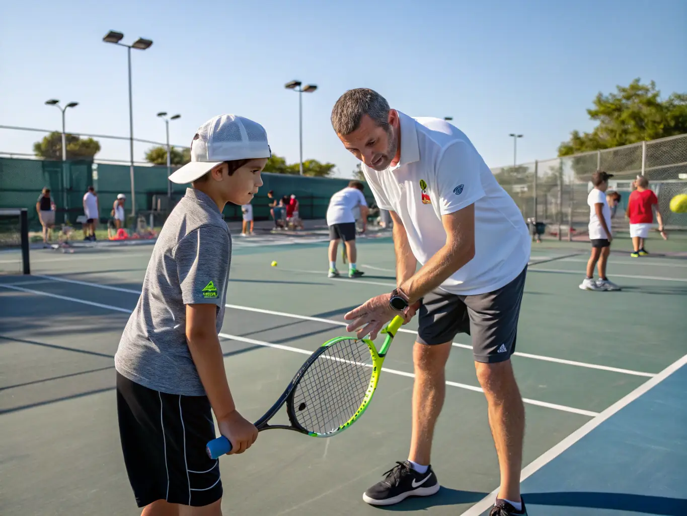 An image of adult players engaged in a coaching session, demonstrating proper technique with a coach providing guidance during the Adult Tennis Clinics.