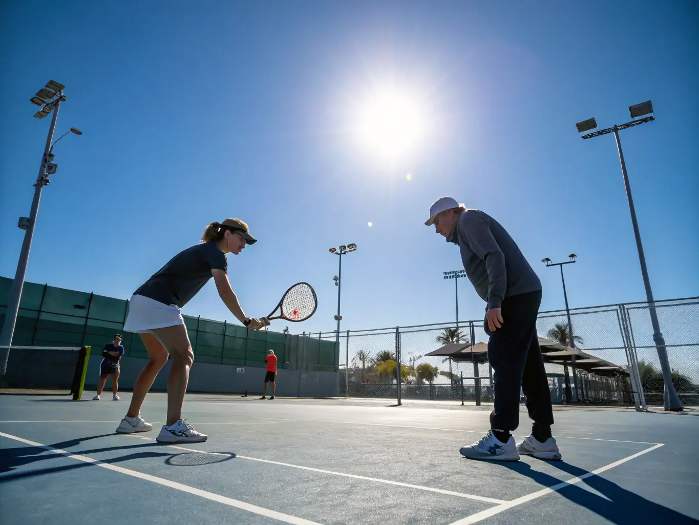 An action shot of adults participating in a tennis clinic at TENNIS CLUB UZERCHOIS, showcasing technique improvement and tactical understanding.